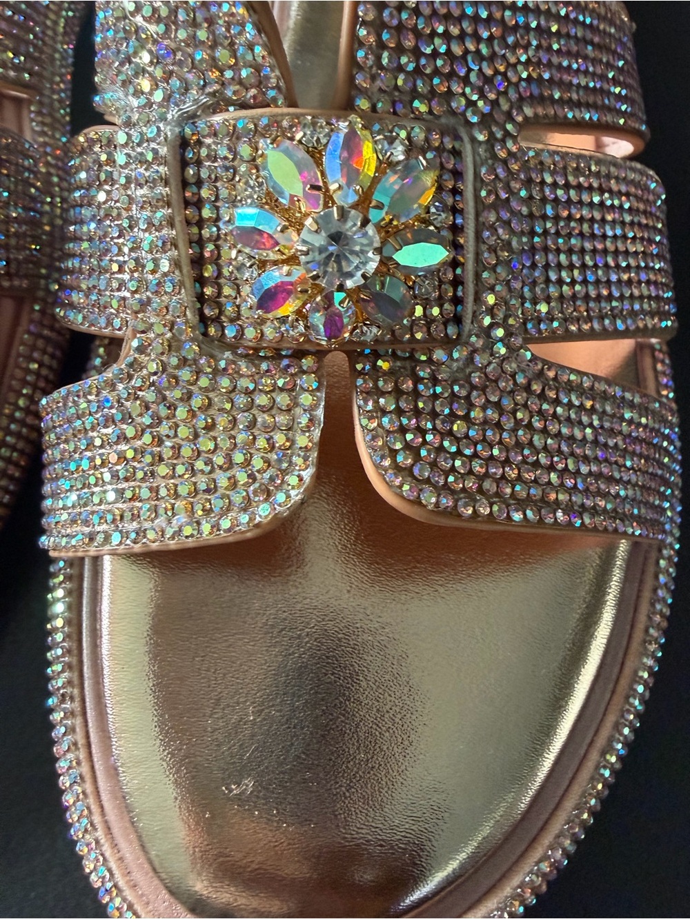 Rose Gold Crystal Brooch Slide Sandals - Women's Sparkle Slides
